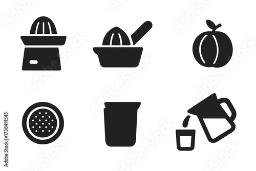 Juice Preparation Icons. Solid, filled icon set of fresh juice preparation: juicer machine, citrus press, cutting board, fruit knife, peeled fruit, juice
