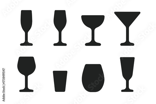 Champagne Glass Icon Set. Solid, filled icon set of champagne glassware: flute, tulip, coupe, cocktail glass, wine glass, shot glass, stemless glass, plastic