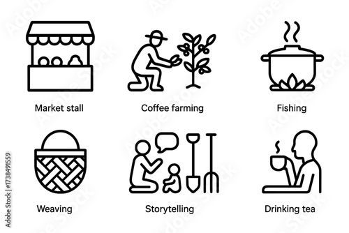 Ugandan Daily Life Icons. Outline icon set of Ugandan daily life: Market stall, Coffee farming, Fishing, Cooking pot, Weaving basket, Storytelling, Farming