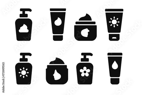 Lotion Icon Set. Solid, filled icon set of lotion types: body lotion, hand cream, face moisturizer, sunblock, after-sun lotion, anti-aging lotion, scented