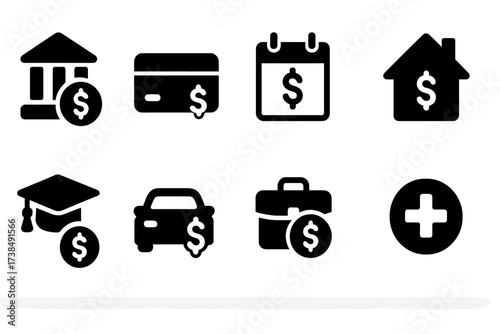 Debt Type Icons. Solid, filled icon set of debt types by source: bank loan, credit card, payday loan, mortgage, student loan, auto loan, business loan, medical