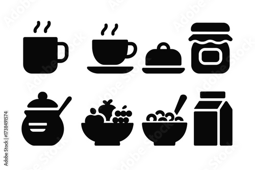 Breakfast Icon Set. Solid, filled icon set of toast accompaniments: coffee mug, tea cup, butter dish, jam jar, honey pot, fruit bowl, cereal bowl, milk carton.