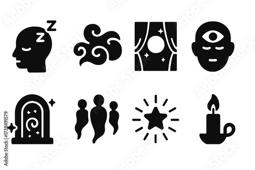 Ancestral Dream Icons. Solid, filled icon set of ancestral dreams and visions: sleeping head, spirit fog, moonlight vision, third eye, dream portal, floating