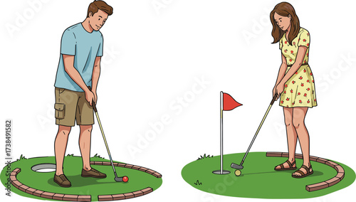 Man and Woman Playing Mini Golf, Putt-Putt Game, Leisure Activity, Summer Fun, Dating, Outdoor Recreation, and Sport Hobby Vector Illustration

.