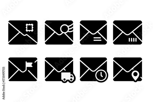Postal Envelope Icons. Solid, filled icon set of postal envelopes: envelope with stamp, envelope with postmark, envelope with address, envelope with barcode,