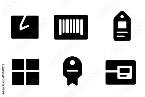 Packaging Icons Collection. Solid, filled icon set of packaging banderol: adhesive banderol, barcode sticker, sealed strip, product label, parcel band,