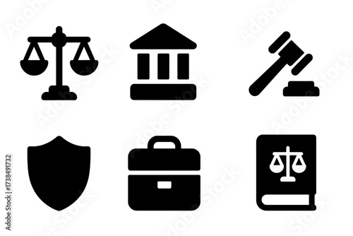 Legal Icons Grid. Solid, filled icon set of legal balance: justice scale, courthouse, contract, gavel, legal document, shield, briefcase, law book. [Solid,