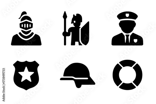 Guardian Role Icons. Solid, filled icon set of guardian roles: knight, sentinel, watchdog, security guard, bodyguard, police badge, firefighter helmet,