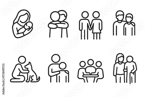 Emotional Bond Icons. Outline icon set of emotional bonds: mother and child, friends hugging, couple holding hands, sibling support, pet owner, mentor and