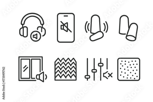 Quiet Technology Icons. Outline icon set of quiet technology: noise canceling headphones, silent mode phone, vibration mode, earplugs, soundproof window,
