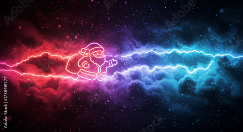 Celestial Santa: A captivating neon depiction of Santa Claus, etched against a cosmic canvas of swirling nebulae and vibrant electrical energy, poised to deliver holiday cheer.