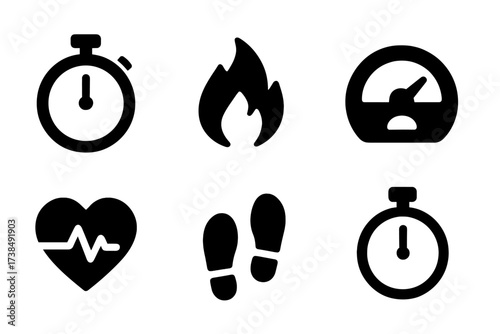 Cardio Metrics Icons. Solid, filled icon set of cardio metrics: stopwatch, calories burned, distance, speedometer, heartbeat, cadence, steps, timer. [Line