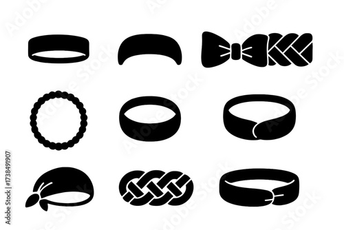 Headband Style Icons. Solid, filled icon set of headband styles: sports headband, yoga headband, fashion headband, knitted headband, elastic headband, bandana