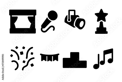 Event Icons Matrix. Solid, filled icon set of clapping event objects: stage, microphone, spotlight, award trophy, confetti, banner, podium, music notes. Solid,