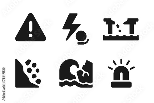 Crisis Icon Set. Solid, filled icon set of crisis desperation: warning sign, lightning bolt, fire alarm, broken bridge, falling rocks, flood wave, cracked