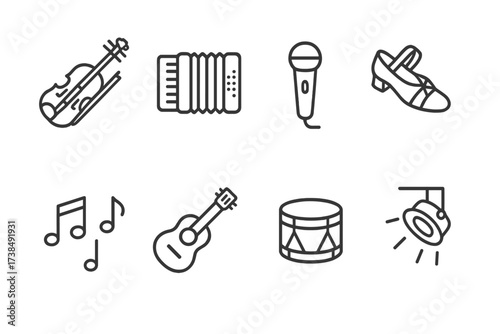 Swedish Culture Icons. Outline icon set of Swedish music and dance: fiddle, accordion, microphone, dance shoes, music notes, guitar, drum, stage spotlight.