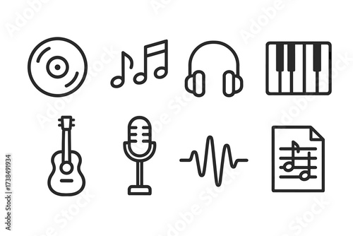 Romantic Soundtrack Icons. Outline icon set of romantic movie soundtrack: vinyl record, music notes, headphones, piano, guitar, microphone, audio wave, sheet