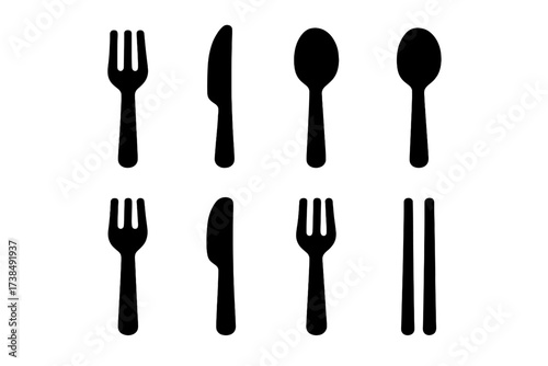 Cutlery Icon Set. Solid, filled icon set of dish related cutlery: fork, knife, spoon, serving spoon, salad fork, butter knife, dessert fork, chopsticks. Line