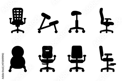 Ergonomic Chair Icons. Solid, filled icon set of ergonomic chairs: mesh back chair, kneeling chair, saddle stool, reclining desk chair, ball chair, lumbar