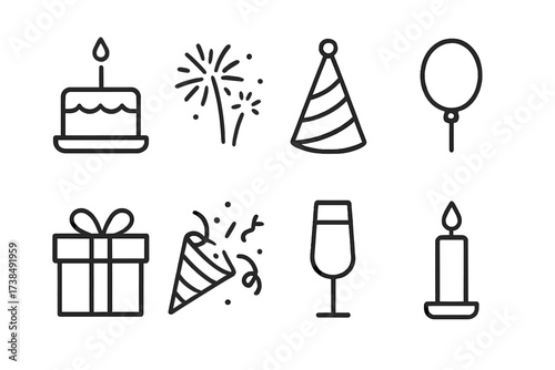 Special Occasions Icons. Outline icon set of special occasions: birthday cake, fireworks, party hat, balloon, gift, confetti, champagne flute, candlelight.