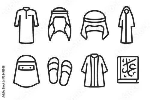 Saudi Traditional Icon Set. Outline icon set of Saudi traditional clothing: Thobe, Ghutra headdress, Agal, Abaya, Niqab, Sandals, Bisht cloak, Embroidered