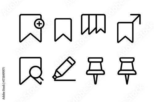 Bookmark Action Icons. Outline icon set of bookmark actions: add, remove, organize, share, search, highlight, pin, unpin. Line icons in only black color,