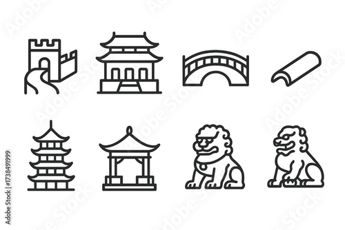 Chinese Architecture Icons. Outline icon set of Chinese architecture: Great Wall, temple, traditional house, bridge, roof tile, pagoda, garden pavilion, stone