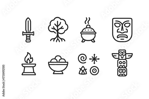 Mystic Icons Collection. Outline icon set of old rituals: ritual dagger, sacred tree, incense burner, ceremonial mask, altar flame, offering bowl, ancient