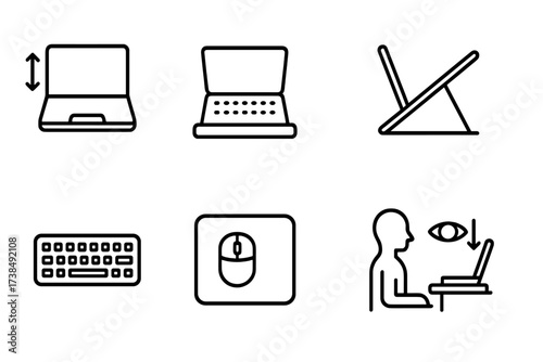 Laptop Ergonomics Icons. Outline icon set of laptop ergonomics: adjustable screen, wrist rest, laptop stand, external keyboard, mouse pad, posture icon, eye
