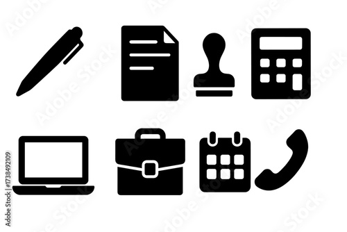 Private Deal Tools Icons. Solid, filled icon set of private deal tools: pen, document, stamp, calculator, laptop, briefcase, calendar, phone. Solid, filled