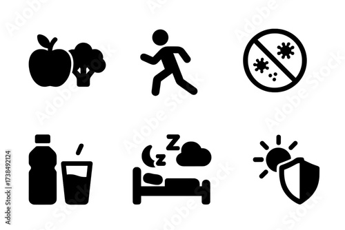 Anti-Inflammatory Icons. Solid, filled icon set of anti-inflammatory prevention: balanced diet, regular exercise, avoiding allergens, stress management,