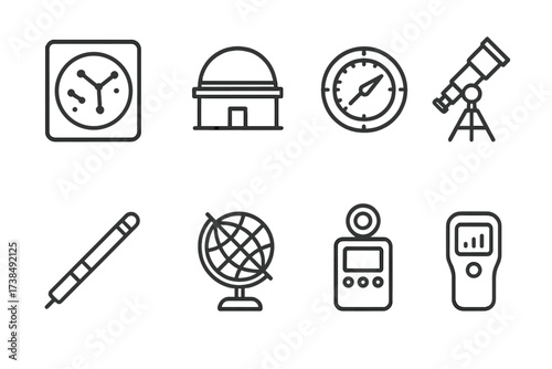 Astronomy Tools Icons. Outline icon set of astronomy tools: star chart, planetarium, altimeter, azimuth scope, laser pointer, celestial globe, star tracker,