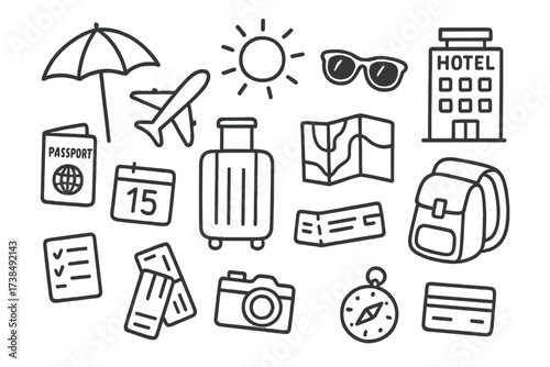 Beach Vacation Doodles. Hand-drawn doodle illustration Beach vacation preparation beach umbrella, sun, sunglasses, suitcase, passport, airplane, hotel, map,