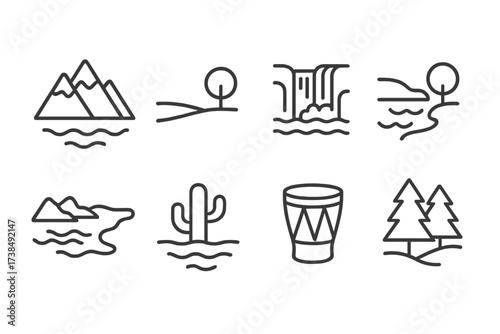 Argentina and Chile Icons. Outline icon set of Argentinian geography: Andes mountain, Pampas plain, Patagonian steppe, Iguazu waterfalls, Atlantic coast, Lake