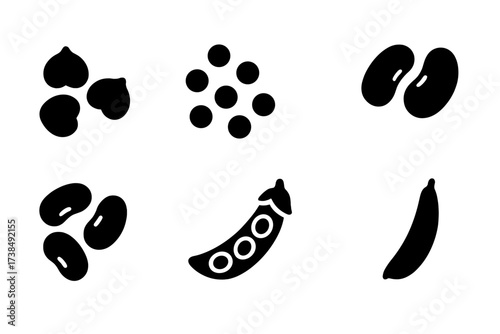 Legume Icon Set. Solid, filled icon set of legumes: chickpeas, lentils, kidney beans, black beans, green peas, soybeans, lima beans, green beans. [Line icons