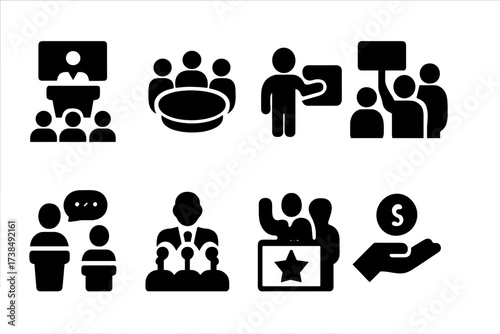 Lobbying Event Icons. Solid, filled icon set of lobbying events: conference, roundtable, seminar, rally, debate, press briefing, campaign, fundraiser. Solid,