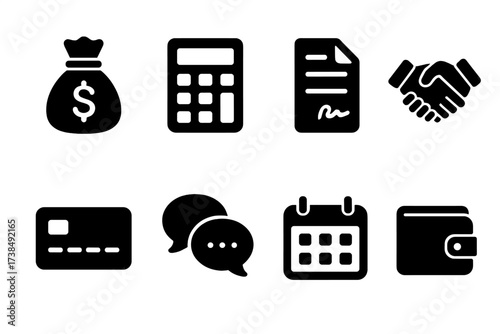 Debt Advice Icons. Solid, filled icon set of debt consolidation advice: money bag, calculator, contract, handshake, credit card, speech bubbles, calendar,