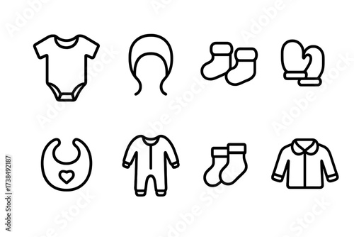 Baby Clothing Icons. Outline icon set of baby clothing: onesie, bonnet, booties, mittens, bib, romper, socks, jacket. Line icons in only black color,
