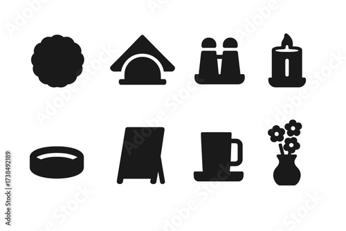 Bar Table Icon Set. Solid, filled icon set of bar table accessories: coaster, napkin holder, condiment set, candle holder, ashtray, menu stand, drink holder,