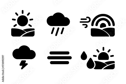 Weather Field Icons. Solid, filled icon set of field weather: sun over field, rain cloud, wind gust, rainbow, storm cloud, fog, dew drops, sunset over field.