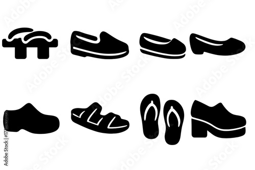 Cultural Shoe Icons. Solid, filled icon set of shoe styles by culture: geta sandals, moccasins, espadrilles, ballet flats, clogs, sandals, flip-flops, platform