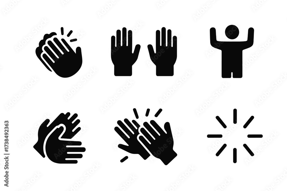 Fototapeta premium Applause Gesture Icons. Solid, filled icon set of applause gestures: clapping hands, raised hands, slow clap, enthusiastic clap, one-hand clap, hands above
