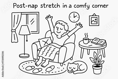Cozy Post-Nap Stretch. Hand-drawn doodle illustration Post-nap stretch in a comfy corner person stretching, armchair, blanket, pillow, slippers, coffee cup,