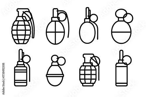 Historical Grenade Icons. Outline icon set of grenade historical models: Mk2 grenade, F1 grenade, RGD- grenade, M67 grenade, No. grenade, V40