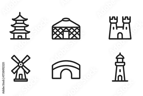 Traditional Architecture Icons. Outline icon set of traditional architecture: pagoda, yurt, adobe house, castle, windmill, bridge, temple gate, lighthouse.