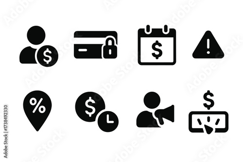 Unsecured Credit Icons. Solid, filled icon set of unsecured credit: personal loan, credit card, payday loan, overdraft, interest rate, late fee, debt