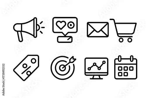 Digital Marketing Icons. Outline icon set of digital empire marketing: megaphone, social media, email campaign, shopping cart, discount tag, target, analytics,