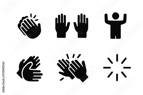 Applause Gesture Icons. Solid, filled icon set of applause gestures: clapping hands, raised hands, slow clap, enthusiastic clap, one-hand clap, hands above