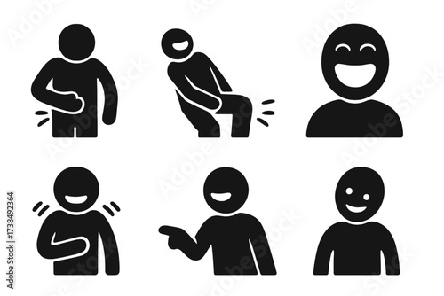 Cackle Body Language Icons. Solid, filled icon set of cackle-related body language: hand on belly, head thrown back, squinting eyes, knee slap, mouth wide