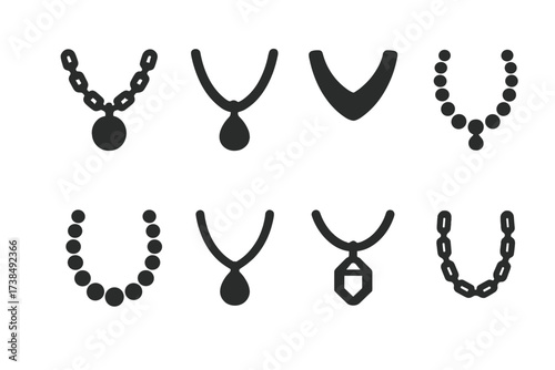 Necklace Material Icons. Solid, filled icon set of necklace materials: gold, silver, platinum, pearls, beads, leather, crystal, stainless steel. Solid, filled
